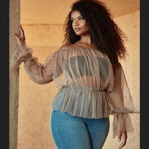 NWOT- Fashion to Figure - Tan Angelina off the shoulder tulle blouse